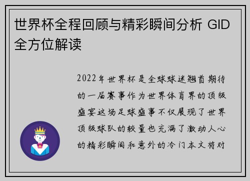世界杯全程回顾与精彩瞬间分析 GID全方位解读