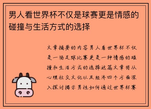 男人看世界杯不仅是球赛更是情感的碰撞与生活方式的选择