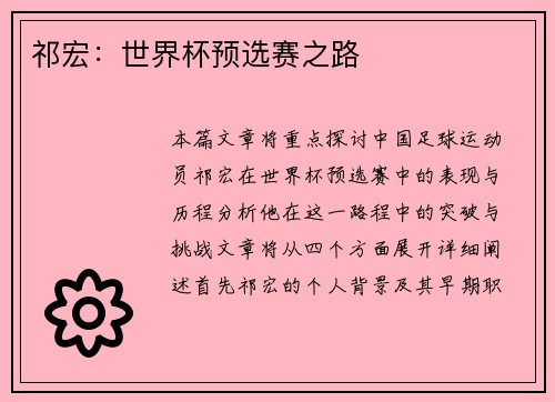 祁宏：世界杯预选赛之路